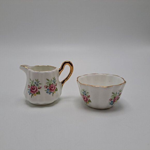 Vintage Sandford Fine Bone China Mini Creamer & Sugar Bowl Set Floral Gold Trim - Picture 1 of 13